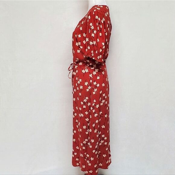VINTAGE Red White Floral Boho Smocked Sleeve Keyhole Belted Maxi Dress Large - Picture 7 of 12